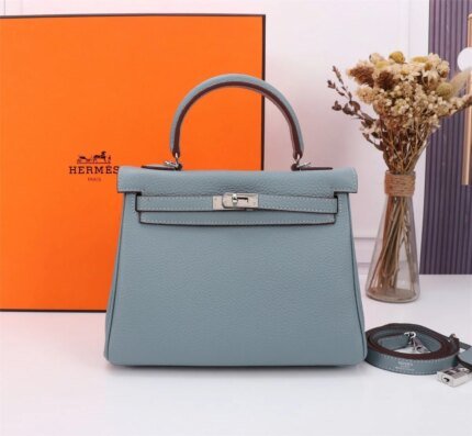 Hermès Kelly Togo Calf Sliver hardware Linen blue size: 25Cm/ 28Cm