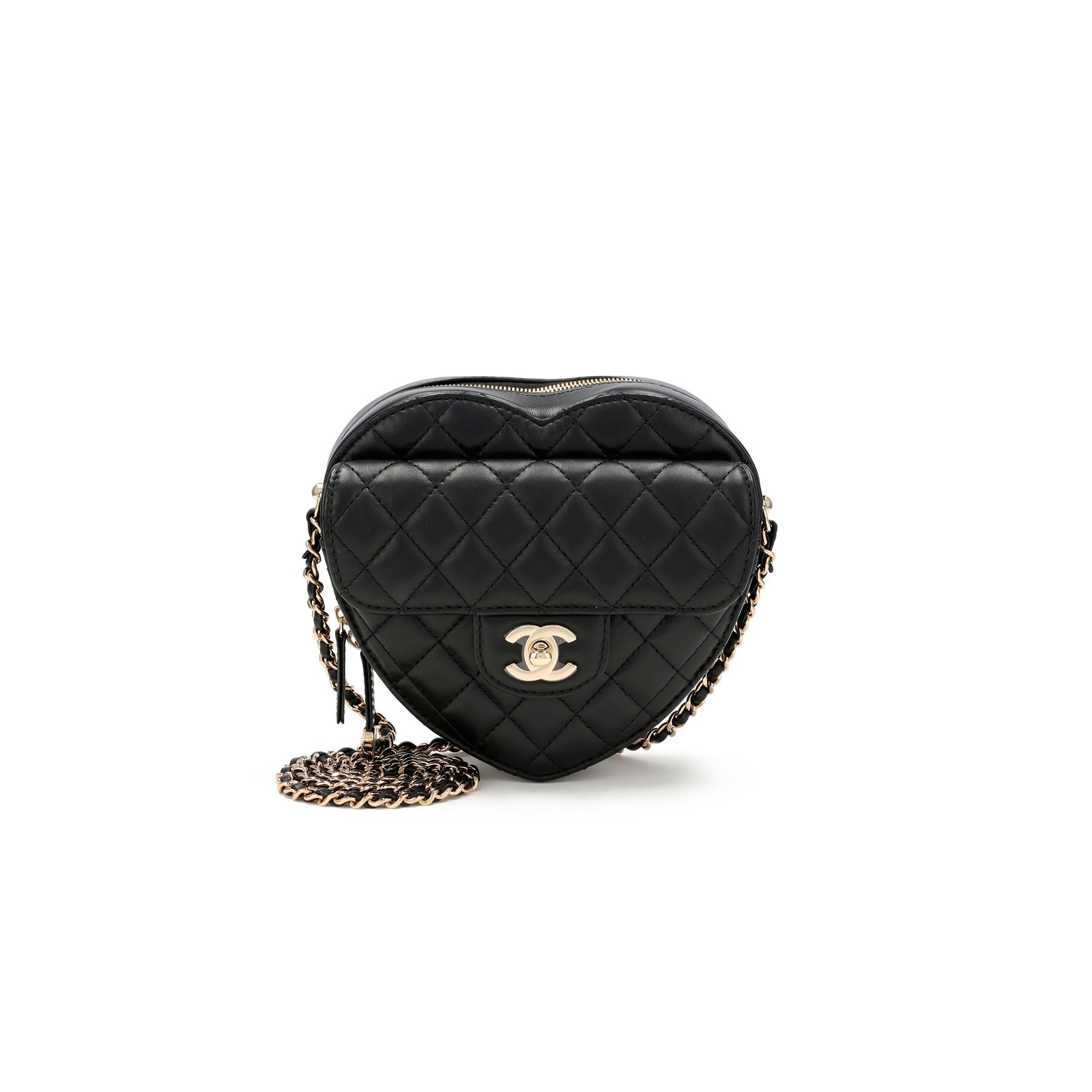 a06c28080de7a36457cc7c183f240f2b49fb245a CHANEL BLACK QUILTED LAMBSKIN CC IN LOVE HEART BAG GOLD HARDWARE AS3191 (18*16.5x*6.5cm) - Image 1