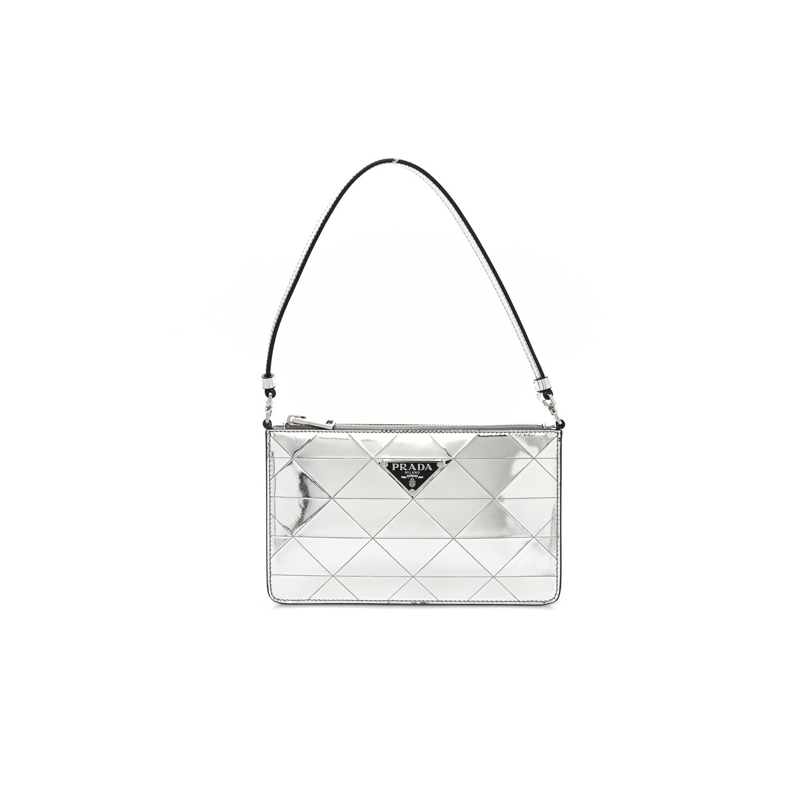 a6facc0e62ea54e444f3cb1b84e826d0910d64d2 PRADA METALLIC BRUSHED CALFSKIN MINI TRIANGLE BAG SILVER (20*12*4cm) - Image 1