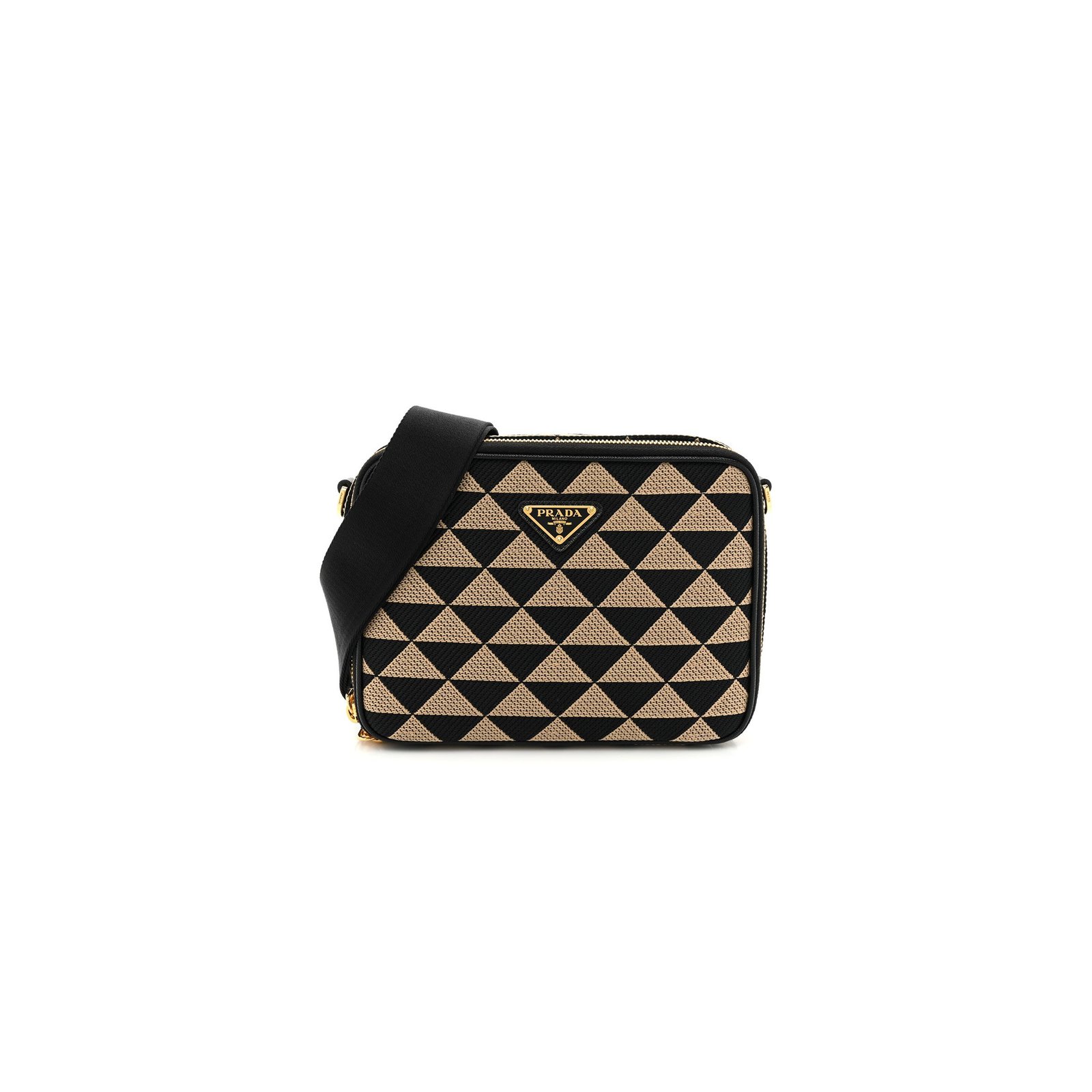 a9ac63612ad5f88afa51c13df8010af1f7010150 PRADA JACQUARD SAFFIANO TRIANGOLO SYMBOLE EMBROIDERED SMALL SHOULDER BAG BLACK CORDA (23*17*7cm) - Image 1