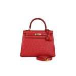 HERM�S MASTER KELLY SELLIER 28 ROUGE VIF VERSO OSTRICH GOLD HARDWARE (28*22*10cm)