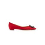 MANOLO BLAHNIK HANGISIFLAT RED SATIN JEWEL BUCKLE FLAT PUMPS 9XX-0348-0052
