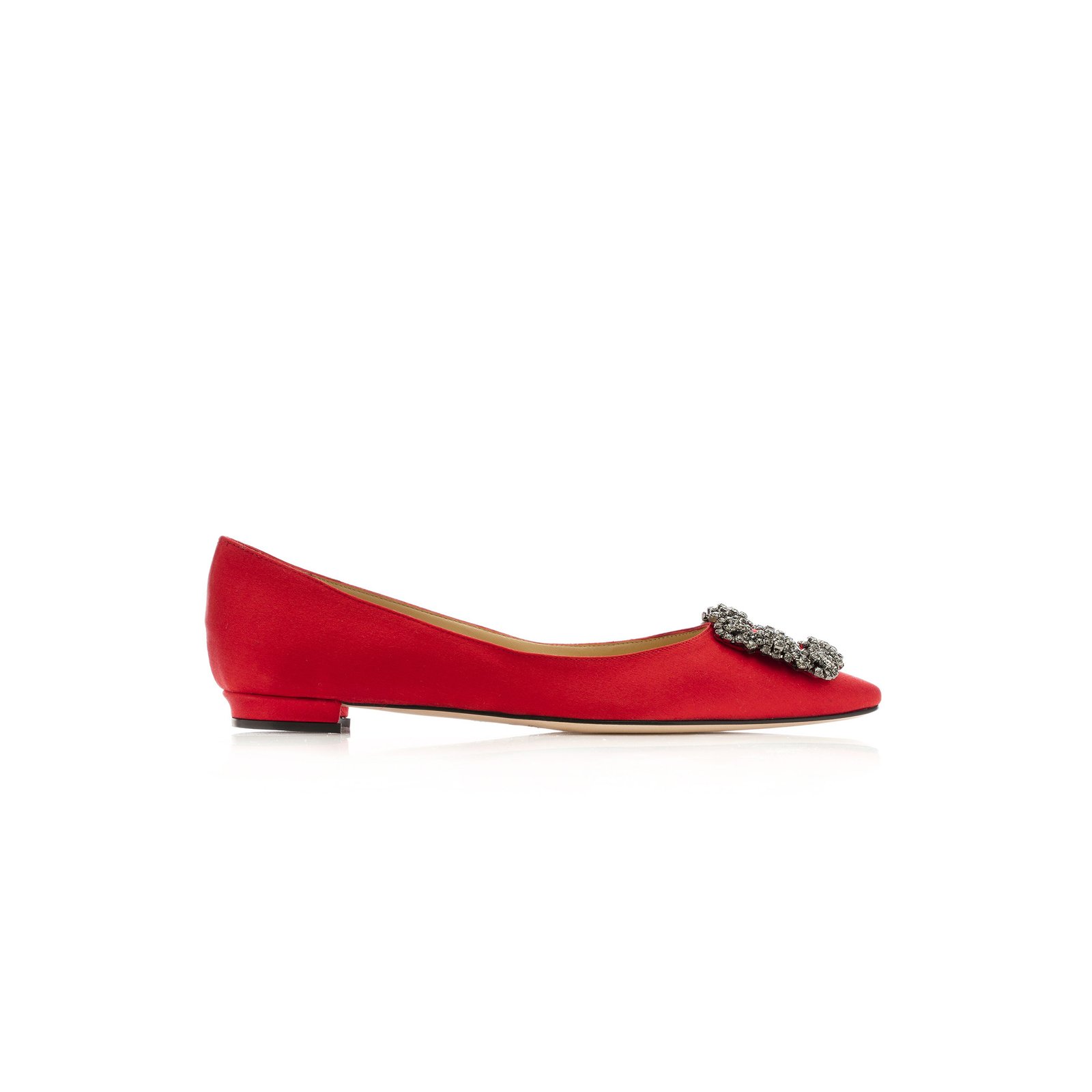 ae06a7c87c5912aeb3d53316c55015e6eb2bbae1 MANOLO BLAHNIK HANGISIFLAT RED SATIN JEWEL BUCKLE FLAT PUMPS 9XX-0348-0052 - Image 1
