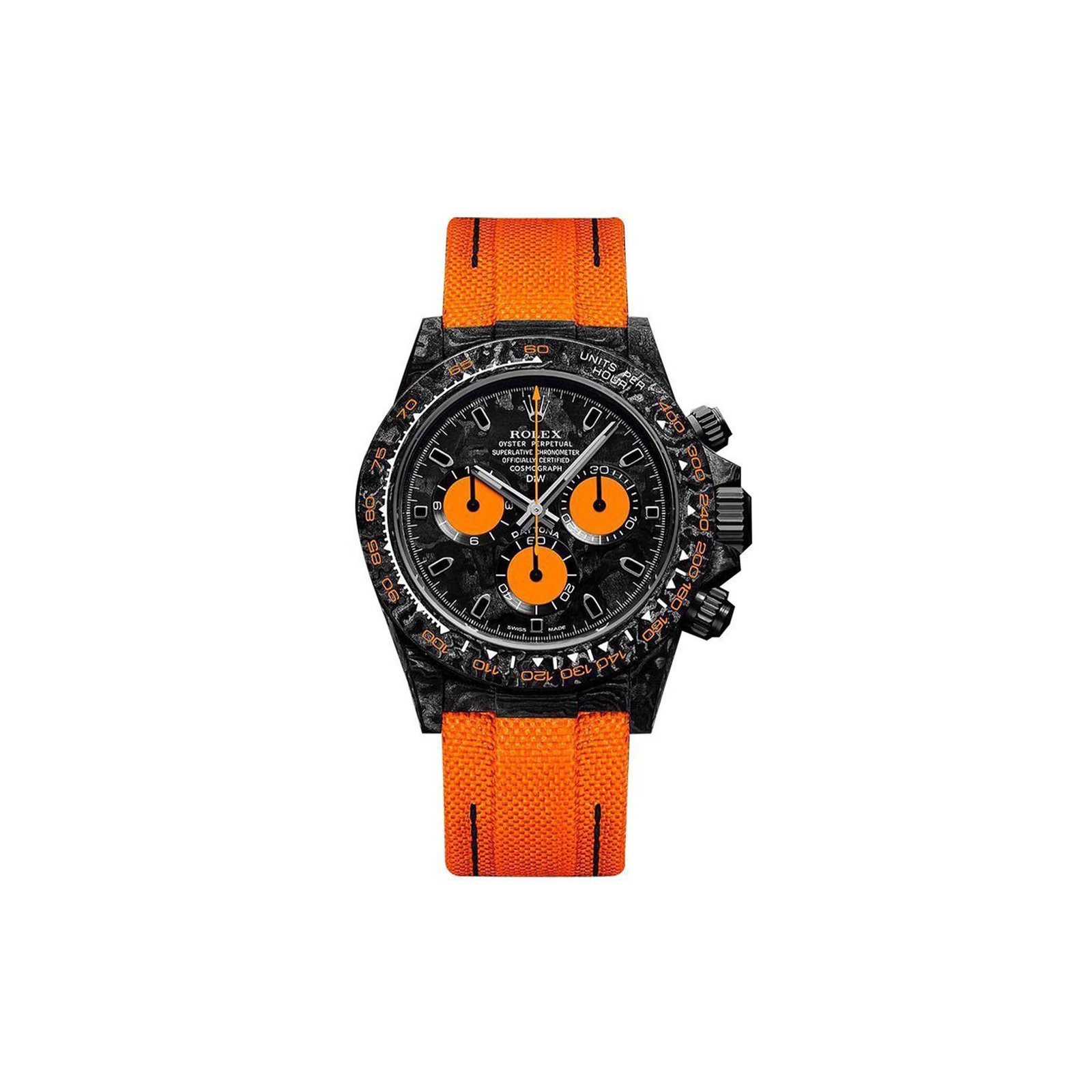 aefd1581c6f74a3fda7f50f0967b4083559a3f5d ROLEX DAYTONA DIW CARBON SWISSREPLICA DIAL ORANGE STRAP WATCH CM002-15C - Image 1