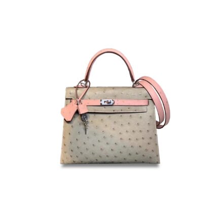 HERM�S MASTER KELLY 25 OSTRICH LEATHER TURTLEDOVE GREY AND CERAMIC POWDER SILVER BUCKLE (25*17*7cm)