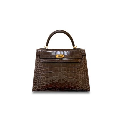 HERM�S MASTER KELLY 25 SHINY ALLIGATOR LEATHER CHOCOLATE BROWN GOLD BUCKLE (25*17*7cm)