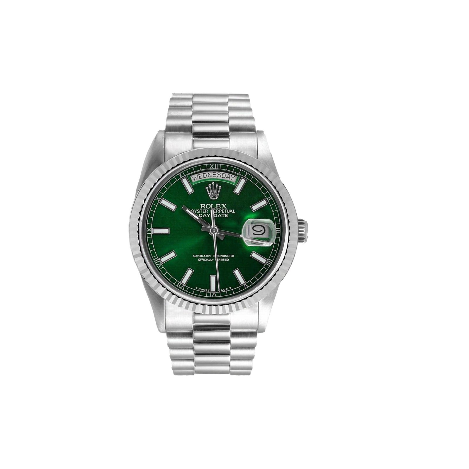 c66b75bbf2eec2ea26c56c5aaaac0516698b393d ROLEX DAY-DATE 18K WHITE GOLD - GREEN STICK DIAL WATCH 118239 - Image 1