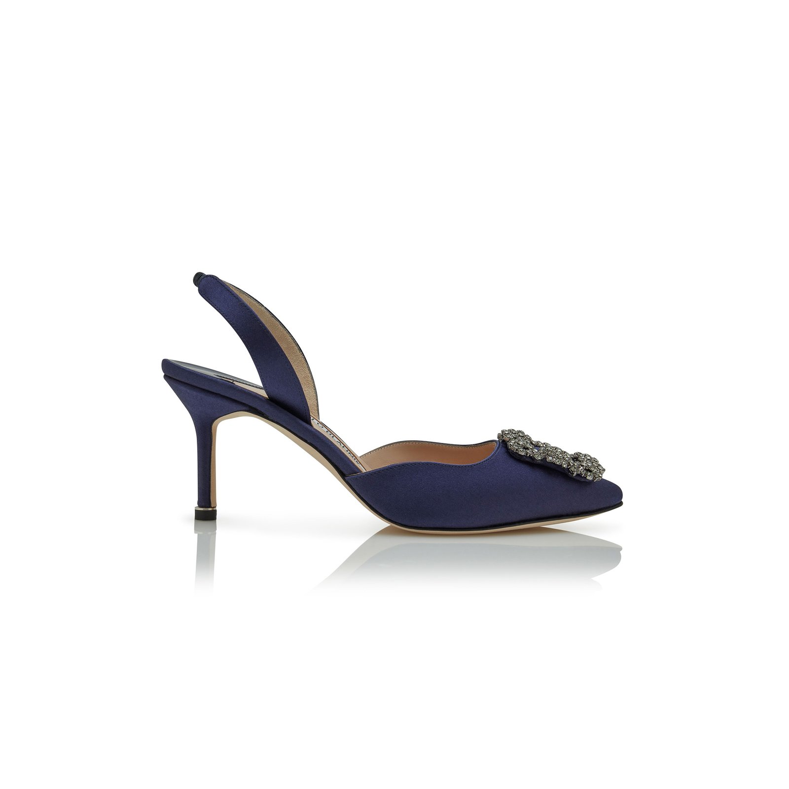 cae68b90dfae0f0b509b8d050fae5cfd3e9743f2 MANOLO BLAHNIK HANGISLI NAVY BLUE SATIN JEWEL BUCKLE SLINGBACK PUMPS 419-0473-0012 - Image 1