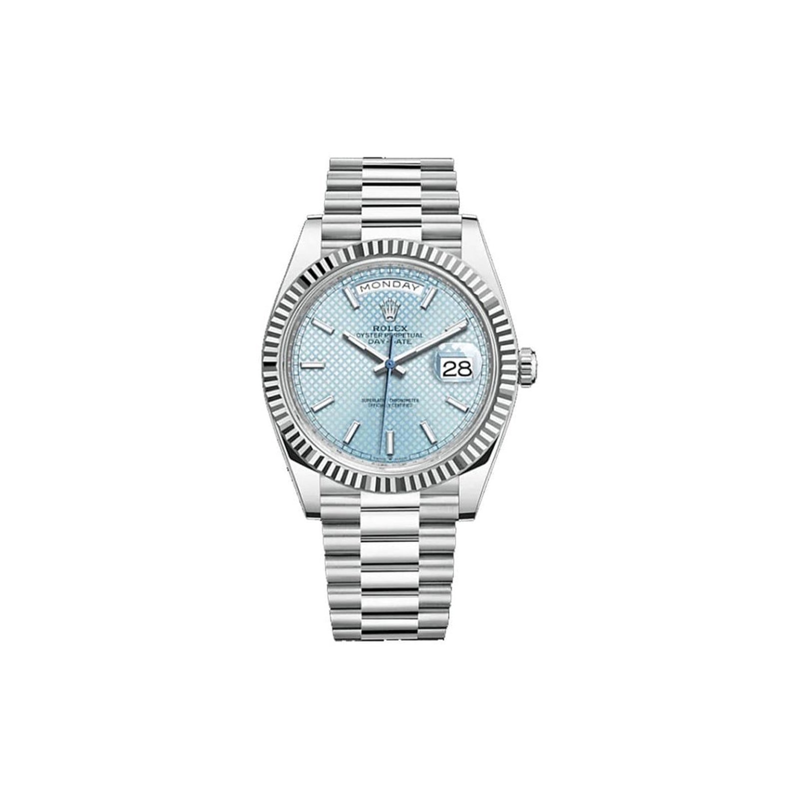 cce1b517128cceb4da953ddfe3ce865be35e1fc3 ROLEX DAY-DATE ICE BLUE, DIAGONAL MOTIF 40MM WATCH 228236 - Image 1
