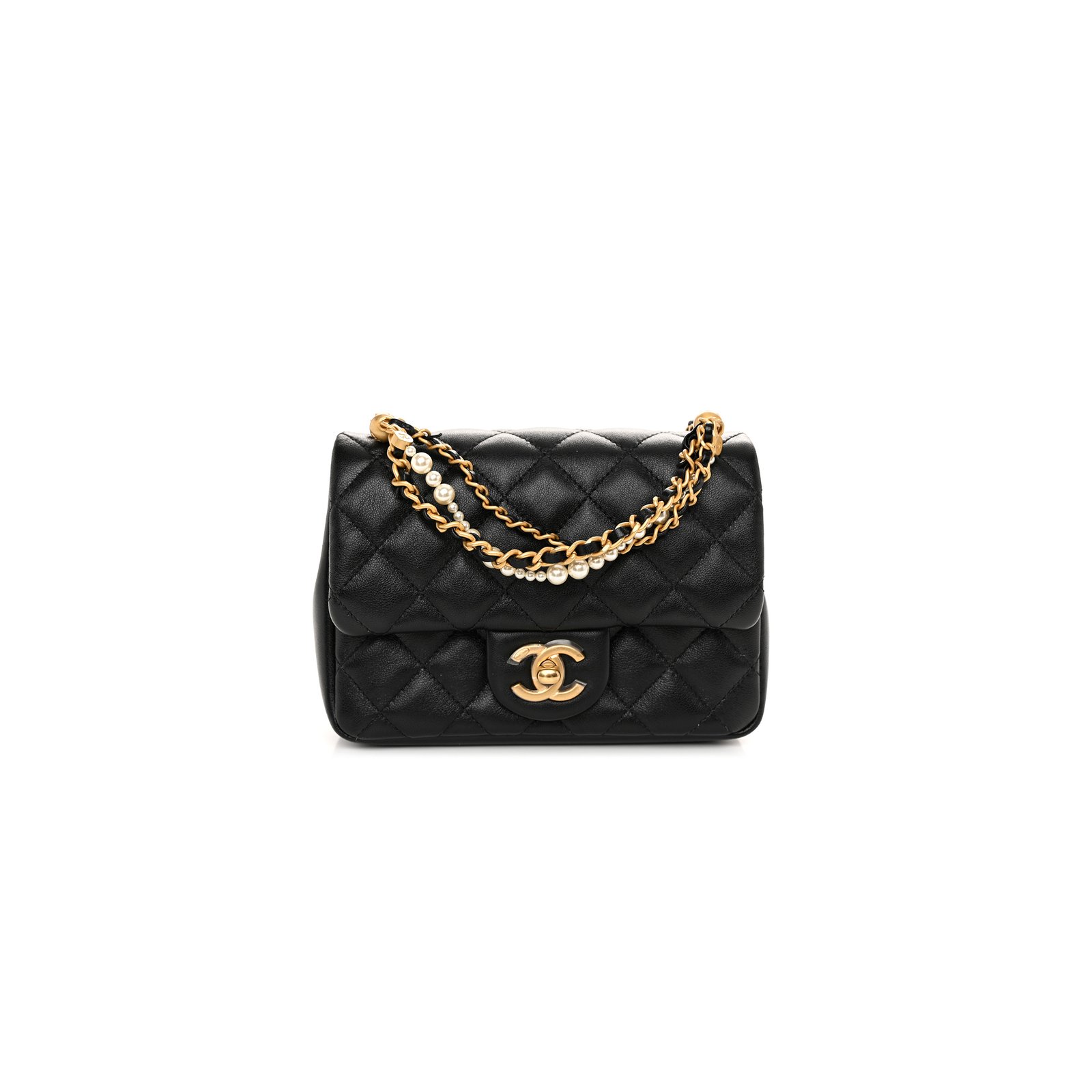 cd497ad1ed172bba920b7be4d4f7e8138f1b7be4 CHANEL SHINY LAMBSKIN QUILTED PEARL TWIST MINI SQUARE FLAP BLACK AS4385 (17*12.5*5cm) - Image 1