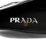 PRADA VERNICE METAL TRIANGLE LOGO POINTED TOE 25MM LOAFERS 37.5 BLACK - Image 6