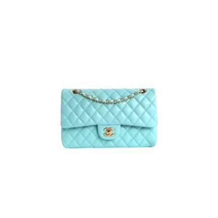CHANEL TIFFANY BLUE CLASSIC MEDIUM FLAP LIGHT GOLD A1112 (25*15*6cm)