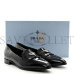PRADA VERNICE METAL TRIANGLE LOGO POINTED TOE 25MM LOAFERS 37.5 BLACK - Image 2