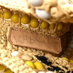 PRADA RAFFIA EMBROIDERED WOOD BEADED LOGO TOTE BAG TAN (25*20*6cm) - Image 6