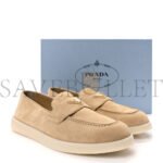 PRADA VITELLO SCAMOSCIATO METAL TRIANGLE LOGO SAINT TROPEZ 25MM LOAFERS 40 ECRU - Image 2