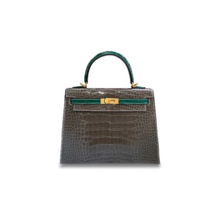 HERM�S MASTER KELLY 25 TURTLEDOVE GRAY CROCODILE WITH EMERALD GREEN BRUSHED GOLD BUCKLE (25*17*7cm)