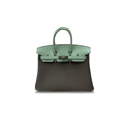 HERM�S MASTER BIRKIN 25 CROCODILE AND TOGO LEATHER AVOCADO GREEN AND PEWTER GREY SILVER BUCKLE H076216CKBL (25*20*13cm)